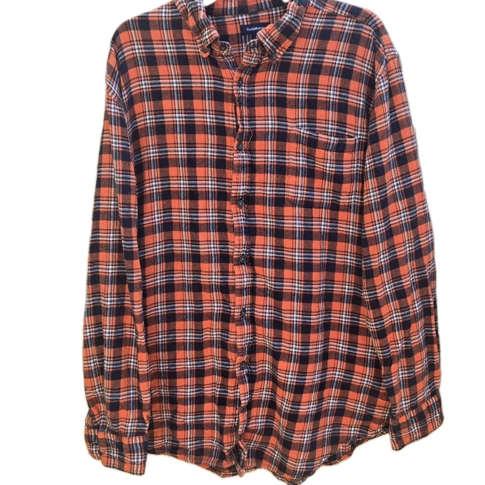 Croft & Barrow Mens XL Orange Blue White Broncos Plaid Flannel Shirt Cotton *pic
